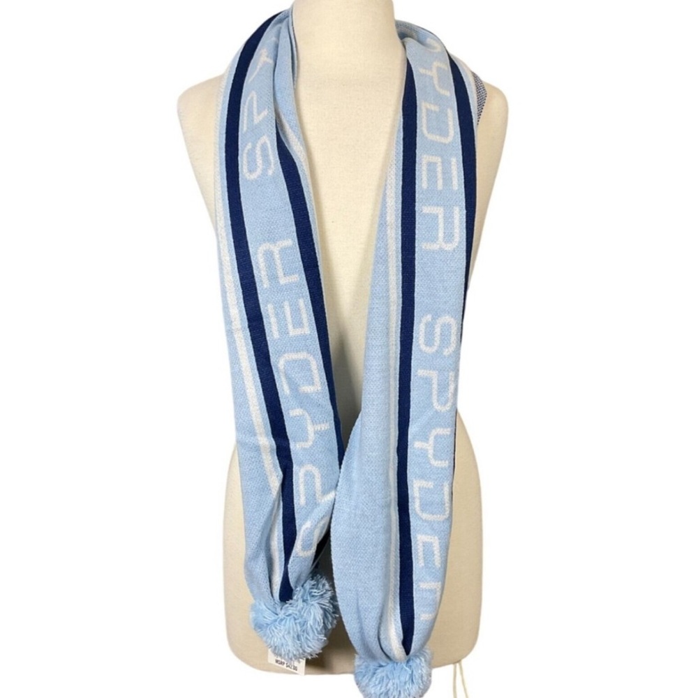 NWT Spyder Women's Winter Ski Scarf Blue White Jacquard Logo Pom Pom One Sz